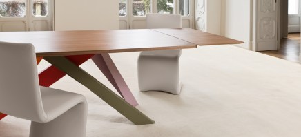 BIG table with colour legs and wood top, showing extension.